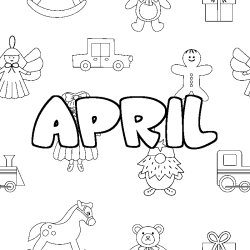 Coloring page first name APRIL - Toys background