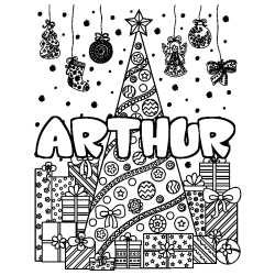 Coloring page first name ARTHUR - Christmas tree and presents background