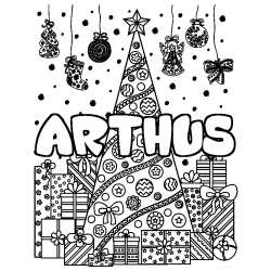 Coloring page first name ARTHUS - Christmas tree and presents background