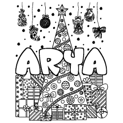 Coloring page first name ARYA - Christmas tree and presents background