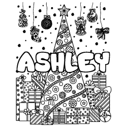 Coloring page first name ASHLEY - Christmas tree and presents background