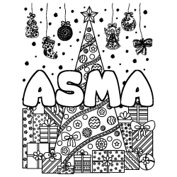 Coloring page first name ASMA - Christmas tree and presents background