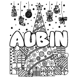 Coloring page first name AUBIN - Christmas tree and presents background
