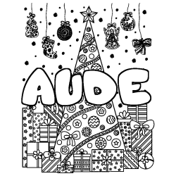 Coloring page first name AUDE - Christmas tree and presents background