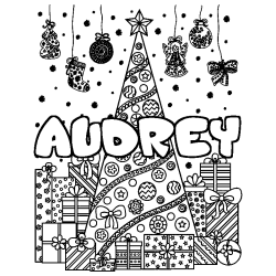 Coloring page first name AUDREY - Christmas tree and presents background