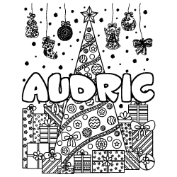 Coloring page first name AUDRIC - Christmas tree and presents background