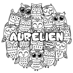 Coloring page first name AURÉLIEN - Owls background