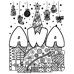 Coloring page first name AWA - Christmas tree and presents background