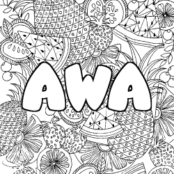 Coloring page first name AWA - Fruits mandala background