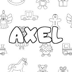 Coloring page first name AXEL - Toys background