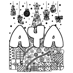 Coloring page first name AYA - Christmas tree and presents background