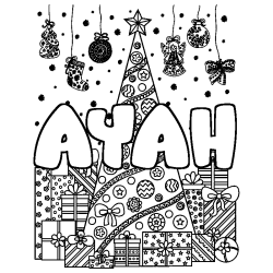 Coloring page first name AYAH - Christmas tree and presents background