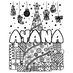 Coloring page first name AYANA - Christmas tree and presents background