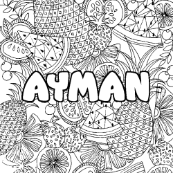 Coloring page first name AYMAN - Fruits mandala background