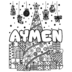Coloring page first name AYMEN - Christmas tree and presents background