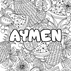 Coloring page first name AYMEN - Fruits mandala background