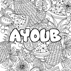 Coloring page first name AYOUB - Fruits mandala background