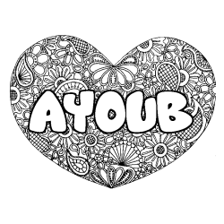 Coloring page first name AYOUB - Heart mandala background