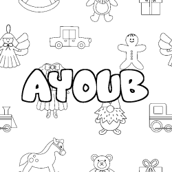 Coloring page first name AYOUB - Toys background