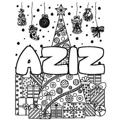 Coloring page first name AZIZ - Christmas tree and presents background