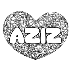 Coloring page first name AZIZ - Heart mandala background