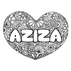 Coloring page first name AZIZA - Heart mandala background