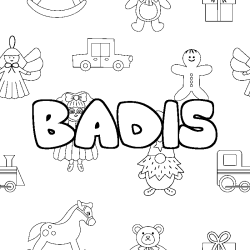 Coloring page first name BADIS - Toys background