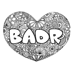 Coloring page first name BADR - Heart mandala background