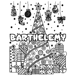 Coloring page first name BARTHELEMY - Christmas tree and presents background