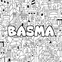 Coloring page first name BASMA - City background