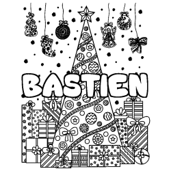 Coloring page first name BASTIEN - Christmas tree and presents background