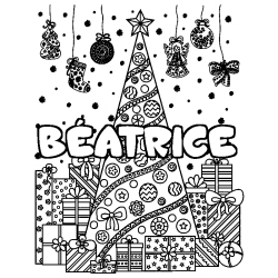 Coloring page first name BÉATRICE - Christmas tree and presents background