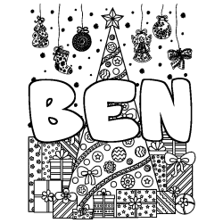 Coloring page first name BEN - Christmas tree and presents background