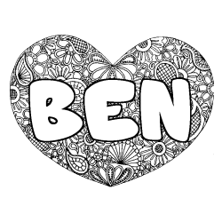 Coloring page first name BEN - Heart mandala background