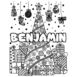 Coloring page first name BENJAMIN - Christmas tree and presents background