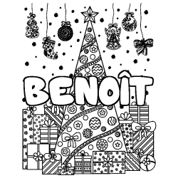 Coloring page first name BENOÎT - Christmas tree and presents background