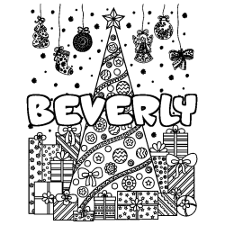Coloring page first name BEVERLY - Christmas tree and presents background