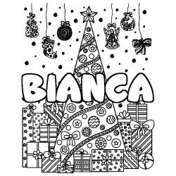 Coloring page first name BIANCA - Christmas tree and presents background