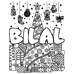 Coloring page first name BILAL - Christmas tree and presents background