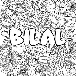 Coloring page first name BILAL - Fruits mandala background