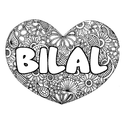 Coloring page first name BILAL - Heart mandala background