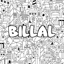 Coloring page first name BILLAL - City background