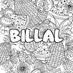 Coloring page first name BILLAL - Fruits mandala background