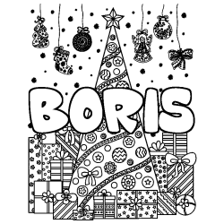 Coloring page first name BORIS - Christmas tree and presents background