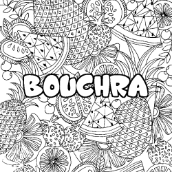Coloring page first name BOUCHRA - Fruits mandala background