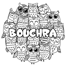 Coloring page first name BOUCHRA - Owls background