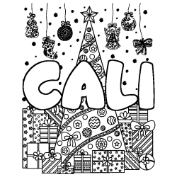 Coloring page first name CALI - Christmas tree and presents background