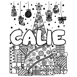 Coloring page first name CALIE - Christmas tree and presents background
