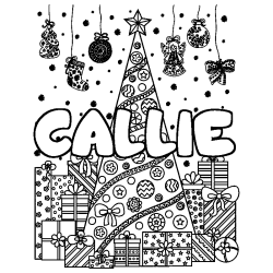 Coloring page first name CALLIE - Christmas tree and presents background