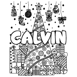 Coloring page first name CALVIN - Christmas tree and presents background